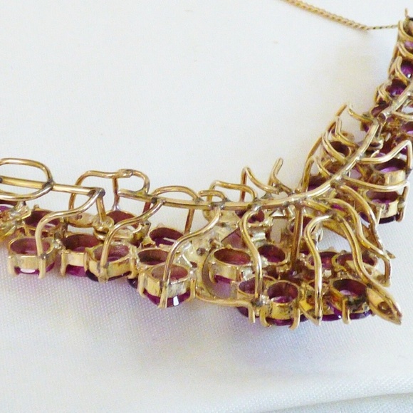 VTG Custom Made 14k yellow gold 16.55 TCW Ruby & Diamond Floral design Necklace - Picture 10 of 11